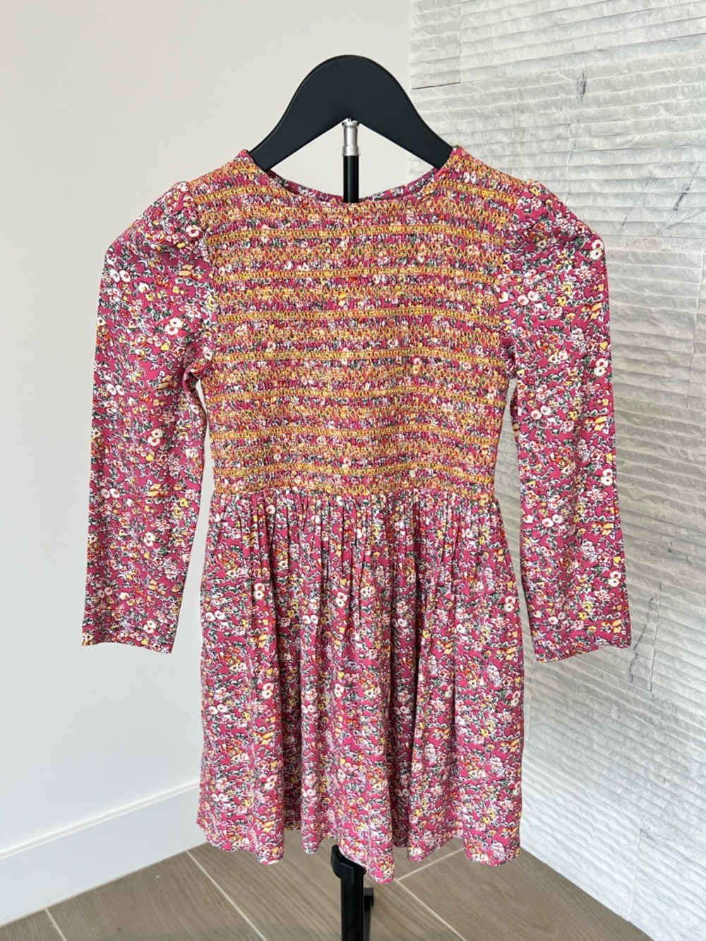 Mini Boden Pink Floral Smocked Long-Sleeve Dress